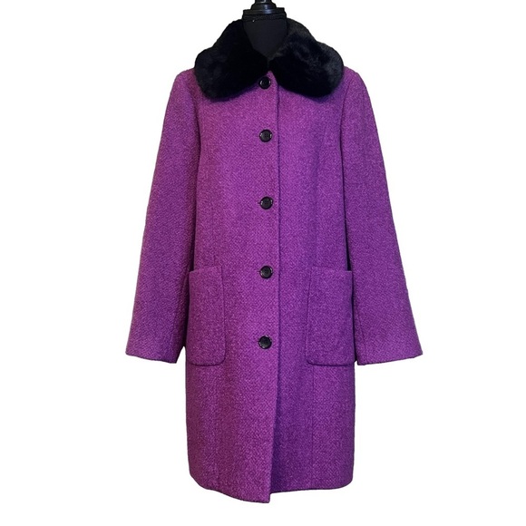 NWT TALBOTS Faux Fur Collar Bouclé Wool Blend Coat, Size Large - Picture 2 of 9